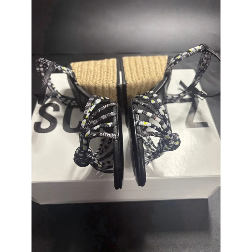 Schutz Dahira Black Gingham Daisy Print Espadrille Block Heel Sandals 8.5B